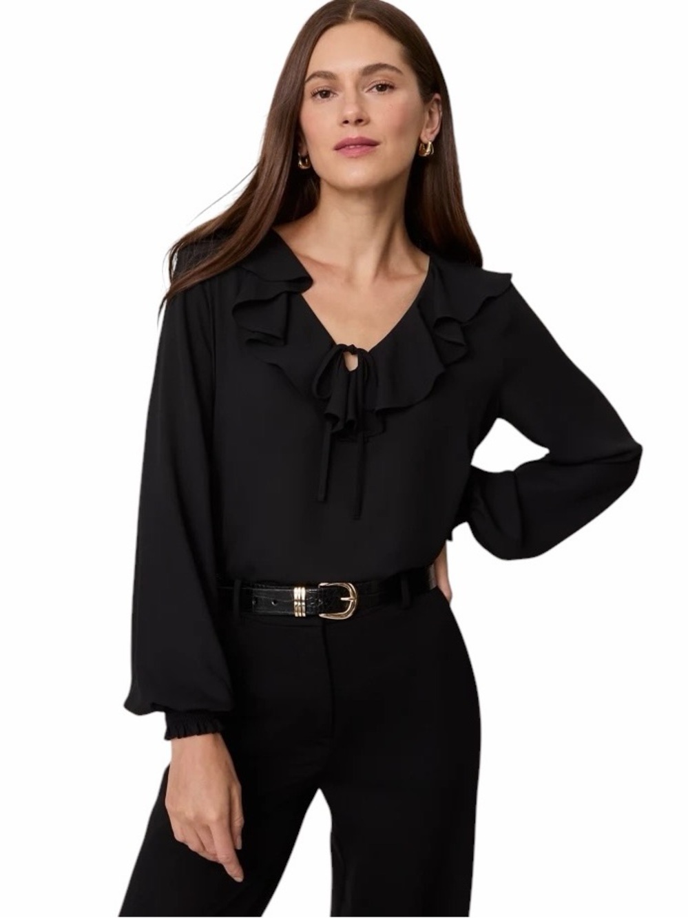 Ann Taylor Black Ruffle Tie-Neck Blouse